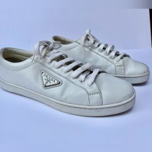 Prada White Calfskin Leather Sneakers - Enameled Triangle Logo men’s 6.5 woman 8